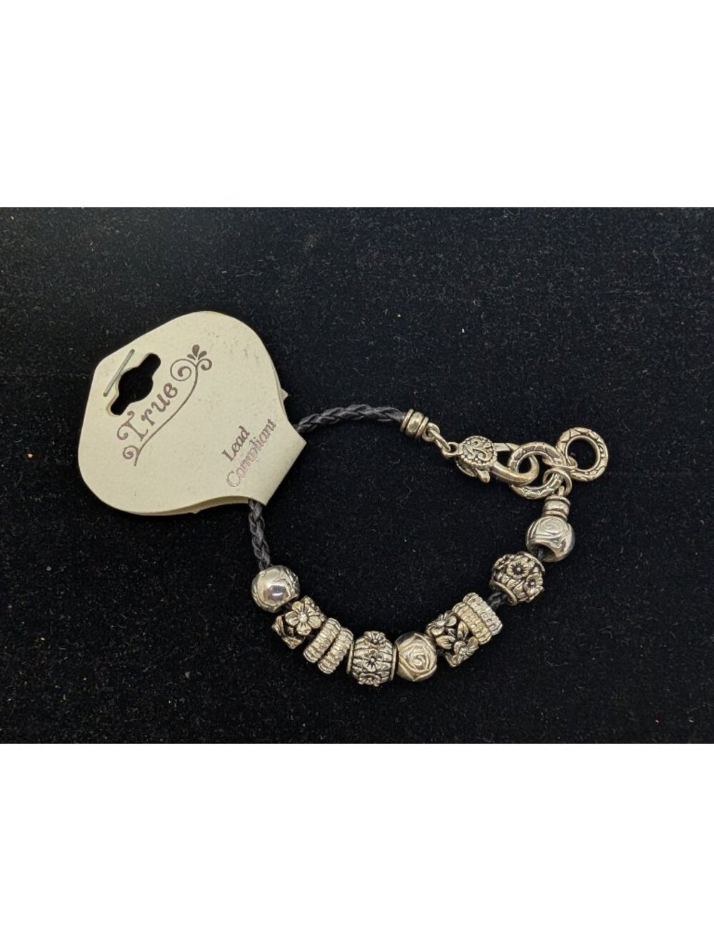 True bracelet black braided faux leather w silver tone beaded accents
